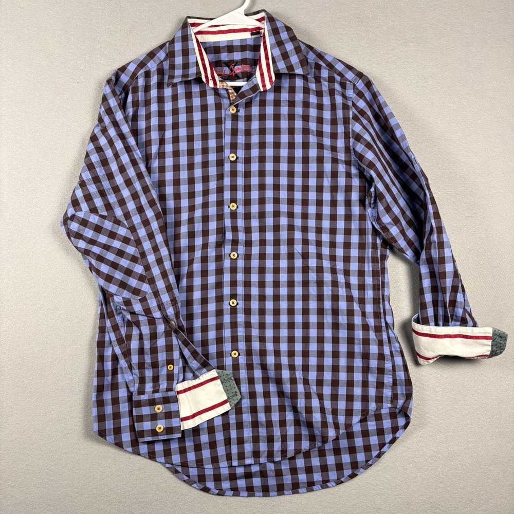 Robert Graham X Collection Gingham Button Down Shirt Elbow Patches M Blue Brown